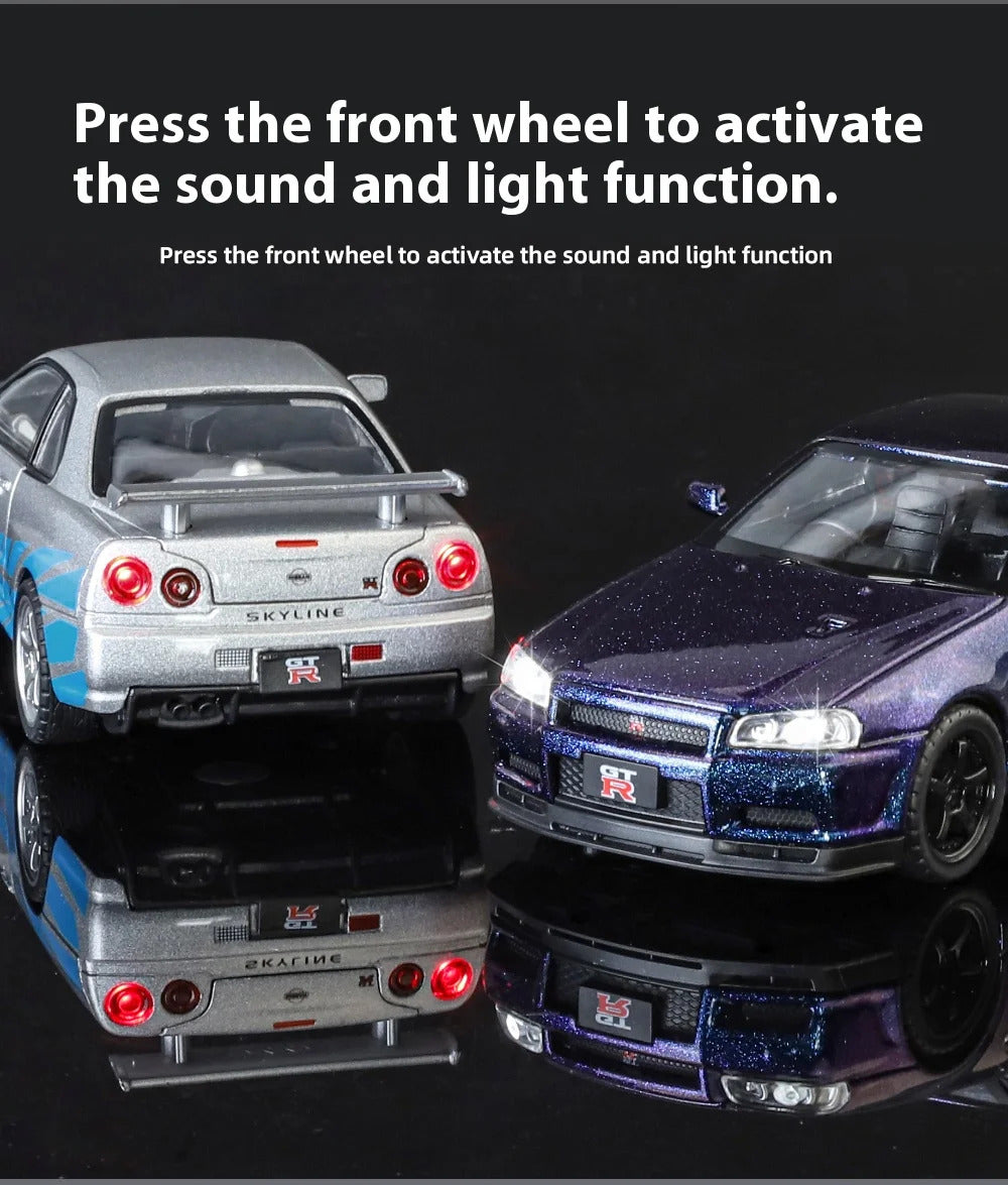 1:32 Nissan GTR R34 Skyline Supercar Alloy Metal Diecast Car Model Sound & Light Collection of Hobby Models Trendy Ornament Gift