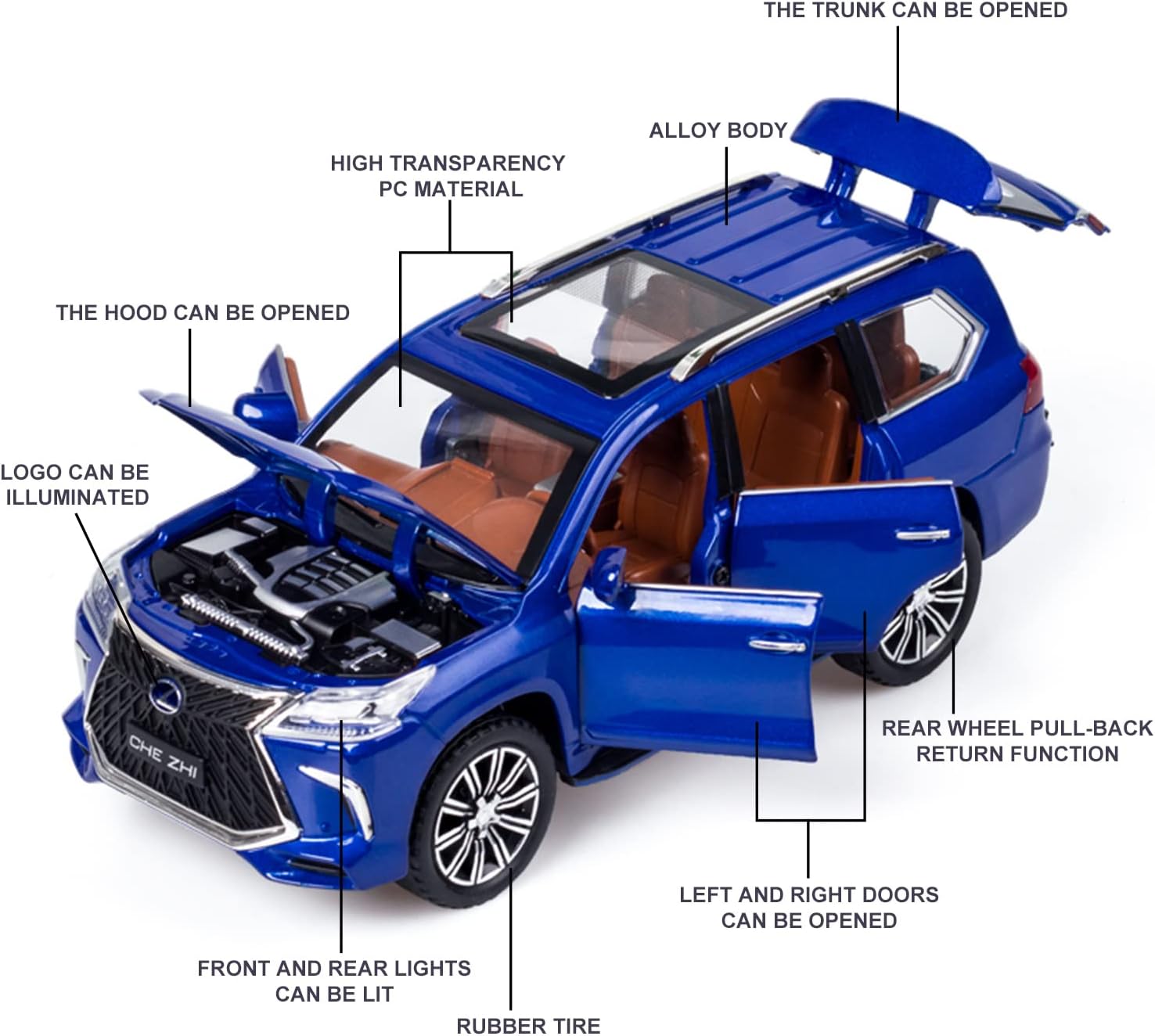 Diecast car Model 1/24 Scale - Zinc Alloy Pull Back Toy car with Sound and Light, Collectible Toys Vehicle for Adults and Boys Girls (Blue)