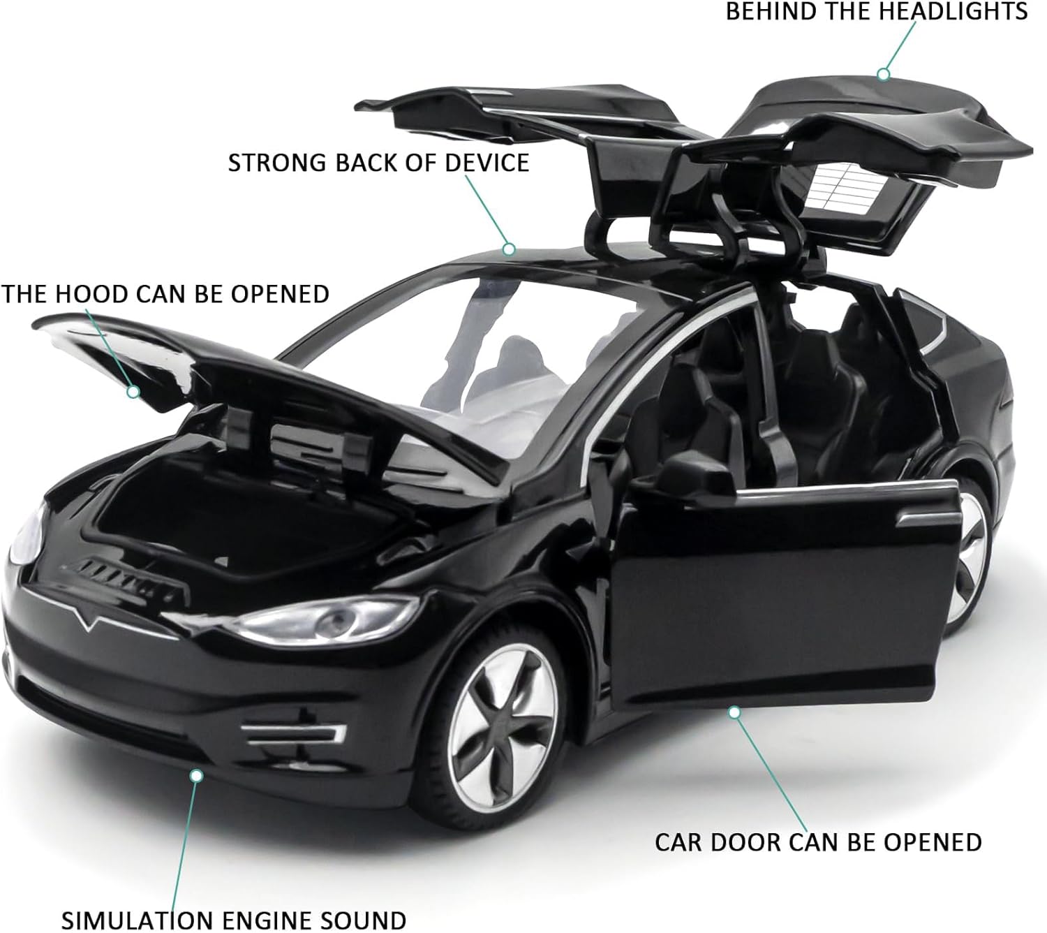 1:32 Model X Alloy Diecast Pull Back Toy Car with Open Doors, Lights and Music, Mini Vehicles Toys for Kids & Collectors (Black)