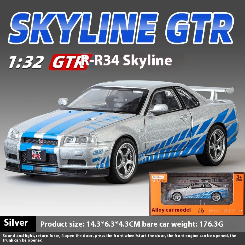 1:32 Nissan GTR R34 Skyline Supercar Alloy Metal Diecast Car Model Sound & Light Collection of Hobby Models Trendy Ornament Gift
