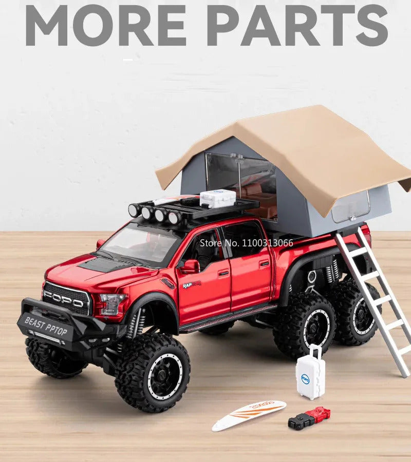 1/24 Scale Raptor F150 Alloy Cars Models Toys 6 Doors Opened Camping RV Diecast Model Light Sound Vehicle for Boys Birthday Gift