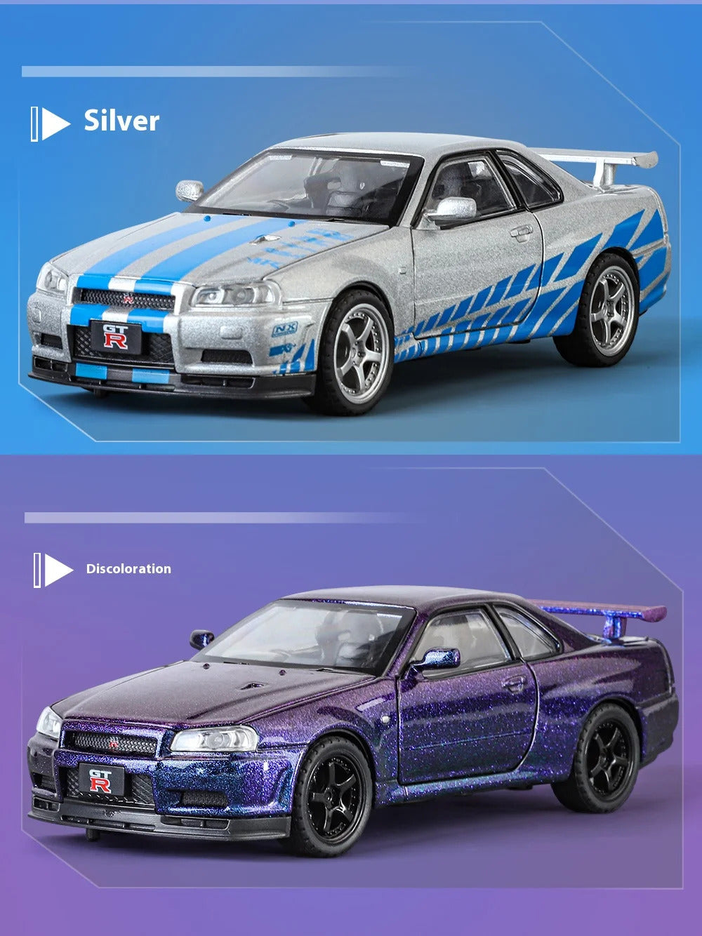 1:32 Nissan GTR R34 Skyline Supercar Alloy Metal Diecast Car Model Sound & Light Collection of Hobby Models Trendy Ornament Gift