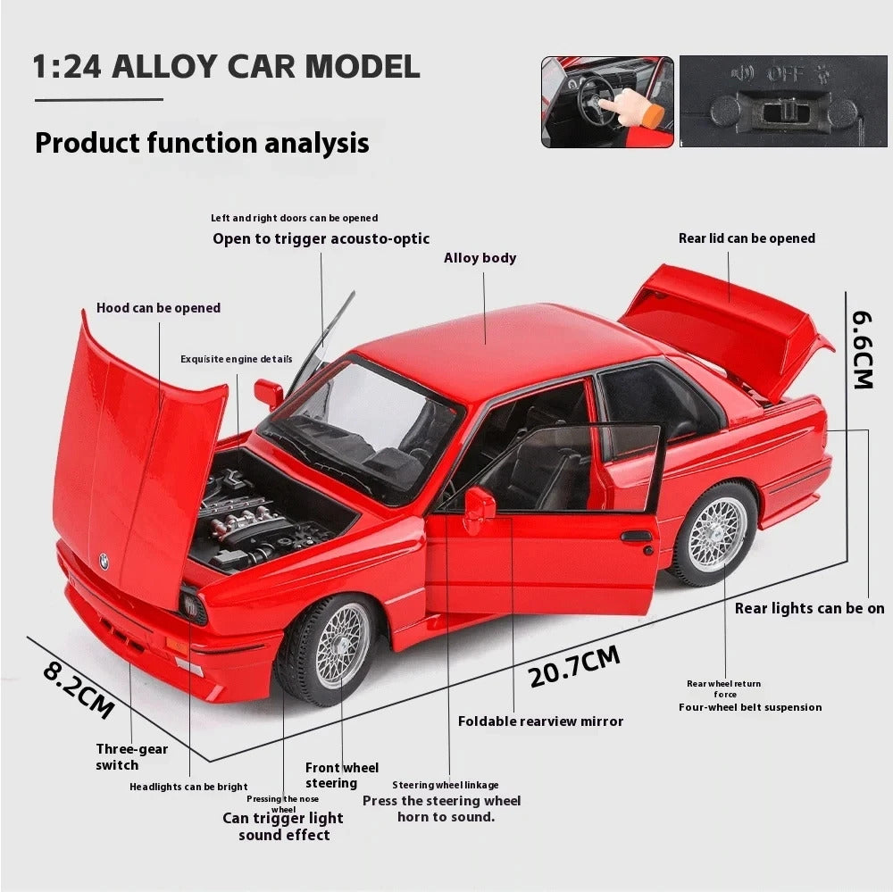 1:24 1988 BMW M3 E30 Alloy Sports Car Model Diecasts Metal Classic Car Model High Simulation Sound and Light Childrens Toys Gift