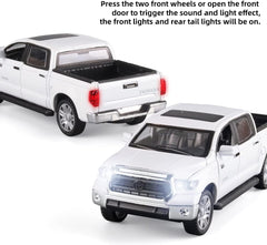 Toy Pickup Trucks for Boys 1/32 Tundra Diecast Cars Model，Zinc Alloy Toy Pickup Truck，with Sound and Light、Pull Back，Birthday Gifts for Kids Ages 3 Year and UP（White）