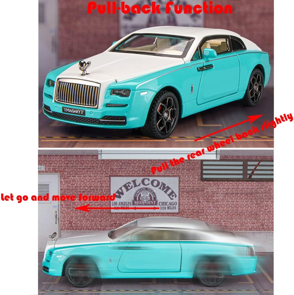 Toy Car Model Blue Rolls-Royce Wraith Alloy Collectible Pull Back Vehicles Diecast with Light and Sound