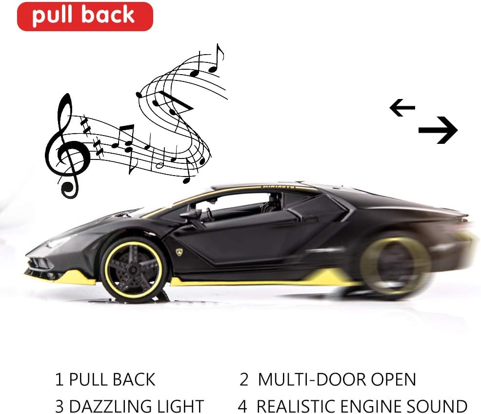 BDTCTK 1:32 Lambo LP770 Car Model Toy Child Sound and Light Pull Back Car Zinc Alloy Toys for Kids Boy Girl Gift (Black)