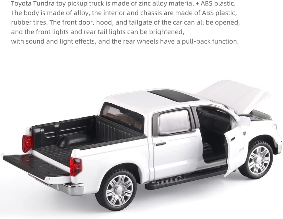 Toy Pickup Trucks for Boys 1/32 Tundra Diecast Cars Model，Zinc Alloy Toy Pickup Truck，with Sound and Light、Pull Back，Birthday Gifts for Kids Ages 3 Year and UP（White）