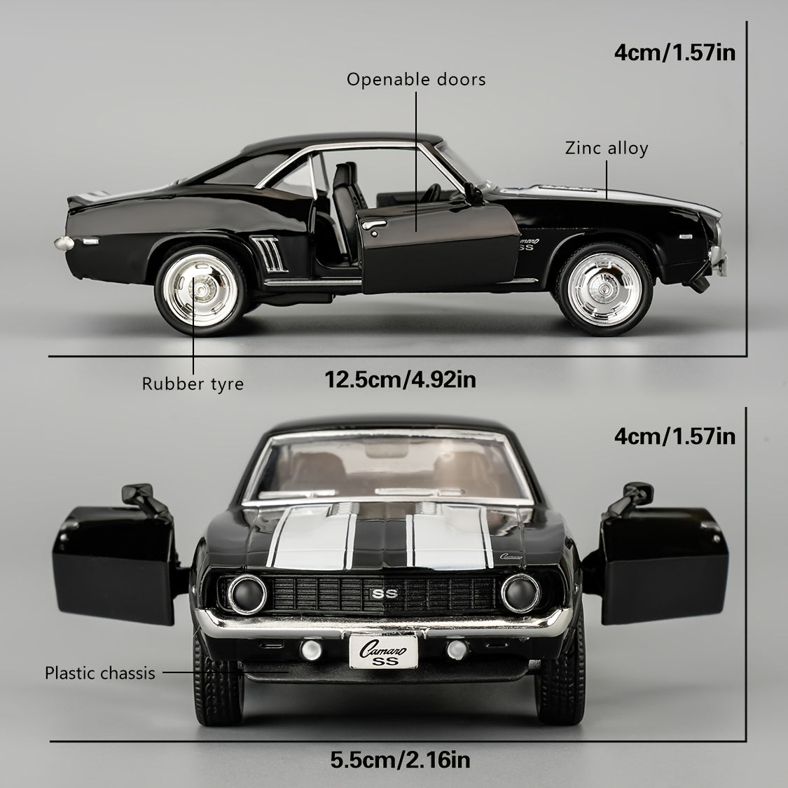 RMZ CITY 1:36 Scale 1969 for CHEVROLET for Camaro S5 Diecast Model - Vibrant Yellow with Black Stripes, Zinc Alloy PullBack Toy Car with Openable Doors & Detailed Interior, Perfect Gift for Boys & Girls