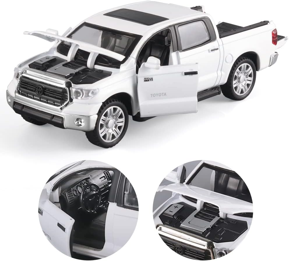 Toy Pickup Trucks for Boys 1/32 Tundra Diecast Cars Model，Zinc Alloy Toy Pickup Truck，with Sound and Light、Pull Back，Birthday Gifts for Kids Ages 3 Year and UP（White）