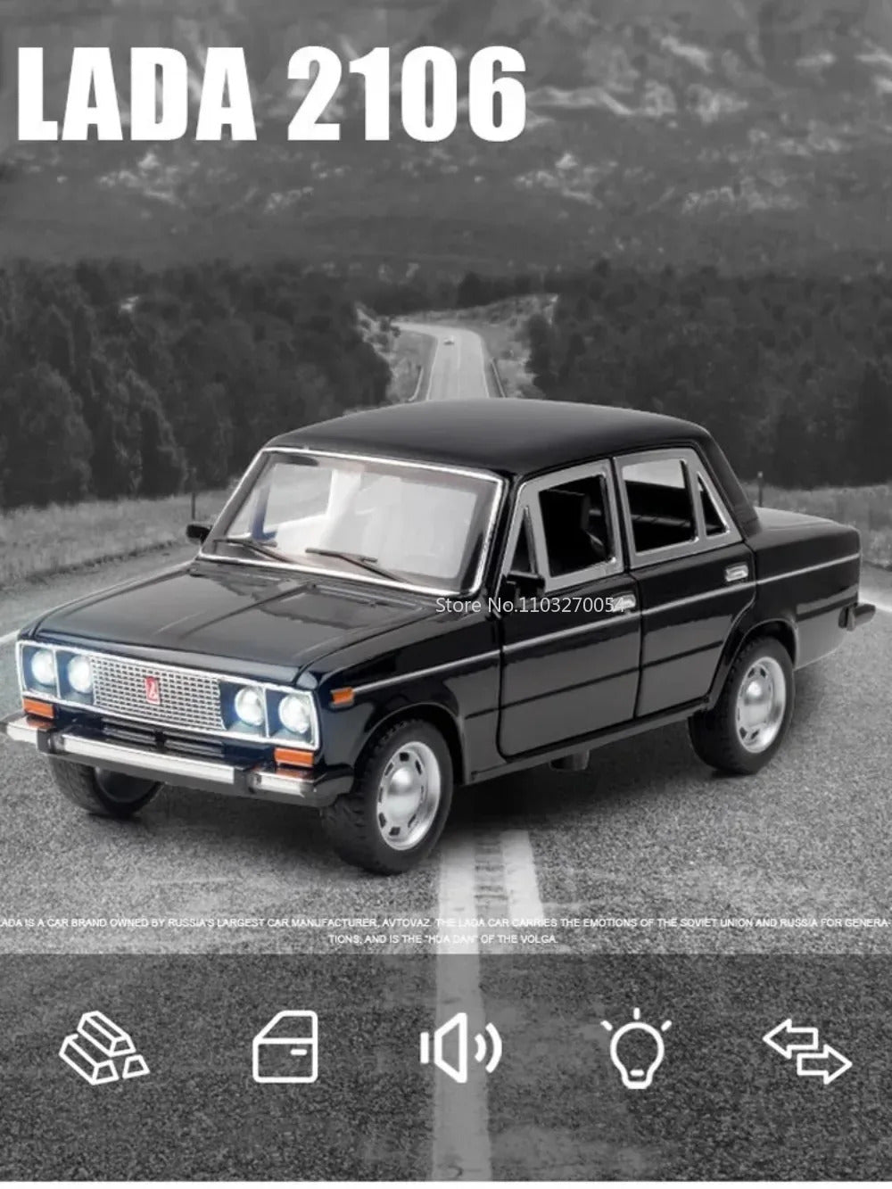 1/24 LADA 2106 Diecast Alloy Car Model Toy Metal Body Door Can Opened Toy Car Pull Back Sound Light Rubber Tire Vehicle Boy Gift