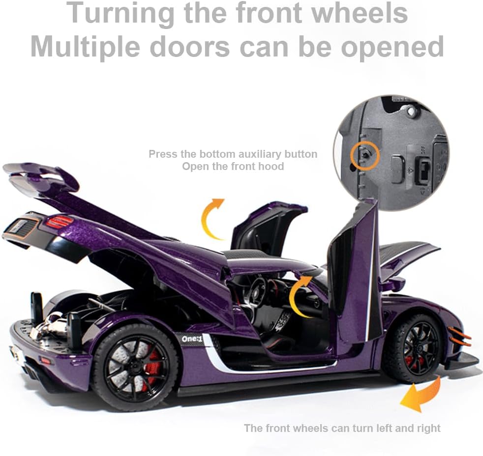 EROCK 1:24 Koenigsegg ONE die-cast car Model Toys, Open Door Design, Sound and Light Function, Suitable Gifts, Decorations, Collectibles, Toys for Adults and Children. (Purple-one)